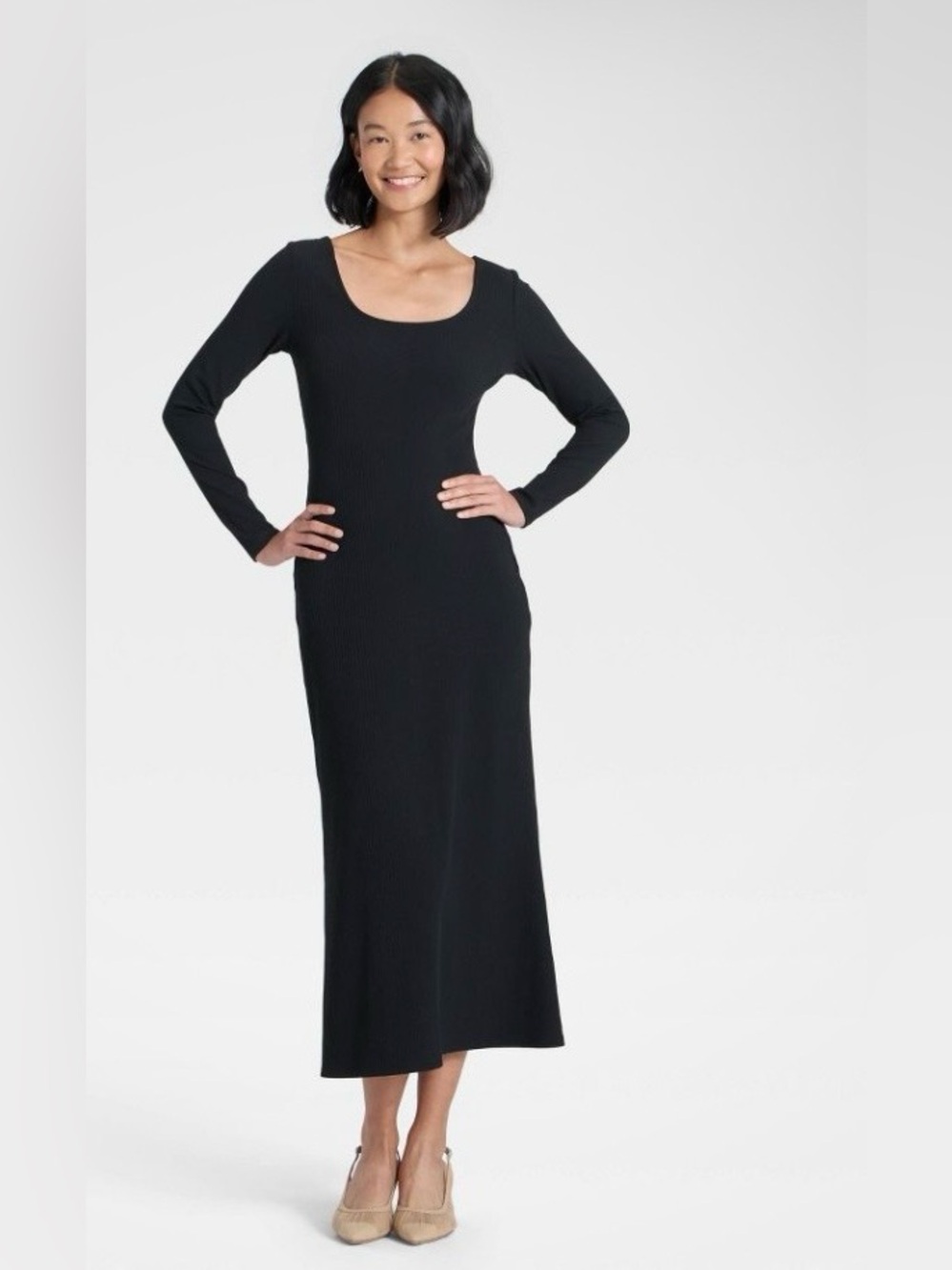 A New Day Black Ribbed Long Sleeve Midi Dress NWT Size Small Stretch Knit